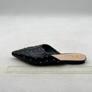 FSJ Black Mules Sandals Comfort Rivets Low Heels Point Toe Slip On Fancy Shoes